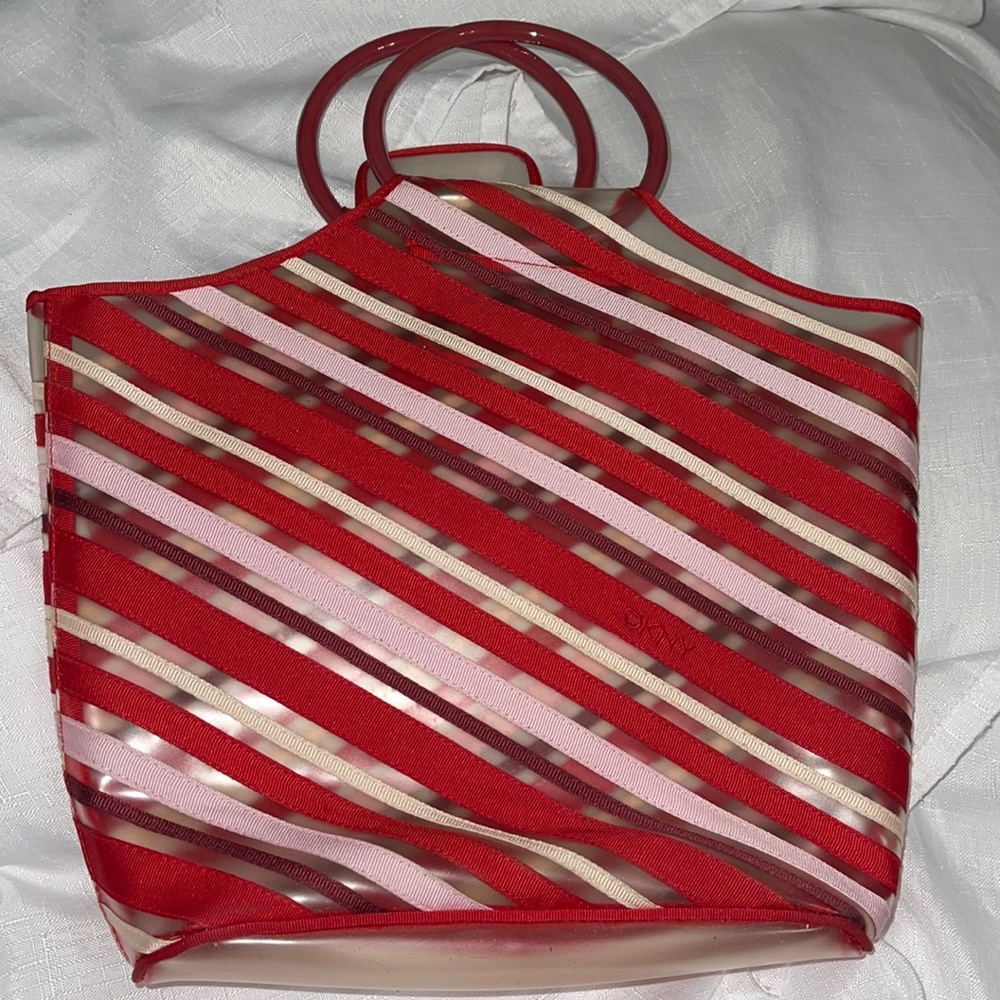DKNY Red pink and burgundy stripes Handbag